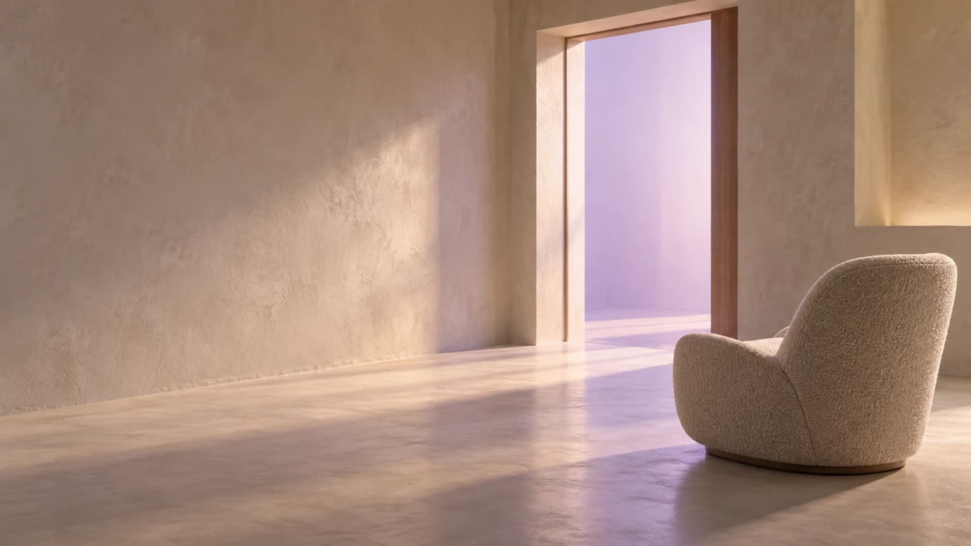 Poltrona de atendimento diante de uma porta aberta iluminada em lavanda
